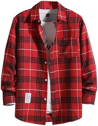 Men's Casual Printed Shirt Autumn/Winter Long Sleeved Single Breasted Lapel Plaid Striped Shirt Active Short
