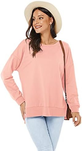 Womens Long Sleeve Pullover Sweatshirt Loose Fit Basic Solid Color Side Split Pullover Tops