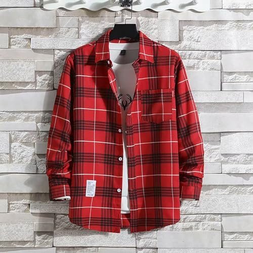 Men's Casual Printed Shirt Autumn/Winter Long Sleeved Single Breasted Lapel Plaid Striped Shirt Active Short