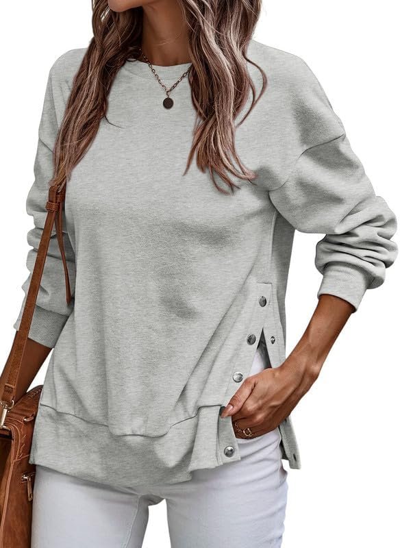 Womens Sweatshirt Casual Long Sleeve Lightweight Pullover Tops Loose Sweatshirts with Side Slit