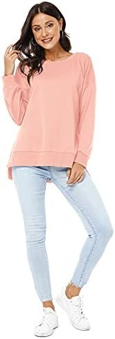 Womens Long Sleeve Pullover Sweatshirt Loose Fit Basic Solid Color Side Split Pullover Tops