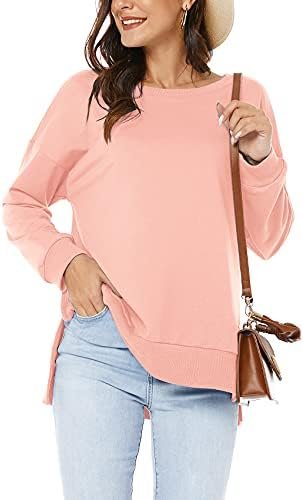 Womens Long Sleeve Pullover Sweatshirt Loose Fit Basic Solid Color Side Split Pullover Tops