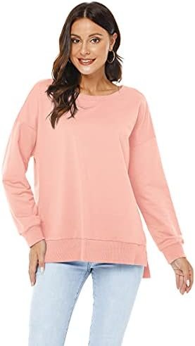 Womens Long Sleeve Pullover Sweatshirt Loose Fit Basic Solid Color Side Split Pullover Tops