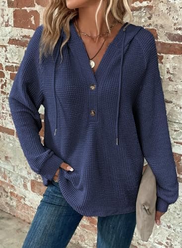 Hoodies for Women Waffle Knit Long Sleeve Drawstring Button V Neck Casual Pullover Sweatshirt Hooded Tops