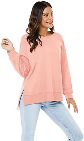 Womens Long Sleeve Pullover Sweatshirt Loose Fit Basic Solid Color Side Split Pullover Tops