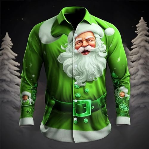Mens Christmas Santa Digital 3D Printed Button Lapel Long Sleeve Shirt Top Small T