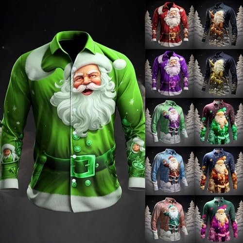 Mens Christmas Santa Digital 3D Printed Button Lapel Long Sleeve Shirt Top Small T