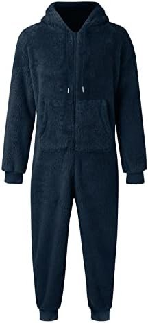 Men Artificial Wool Long Sleeve Pajamas Casual Solid Color Zipper Loose Hooded Jumpsuit Pajamas Men's Jumpsuit