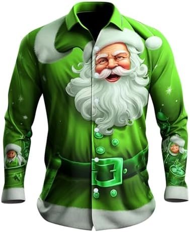 Mens Christmas Santa Digital 3D Printed Button Lapel Long Sleeve Shirt Top Small T