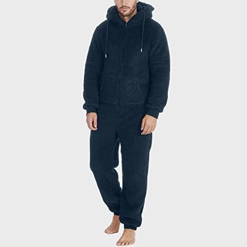 Men Artificial Wool Long Sleeve Pajamas Casual Solid Color Zipper Loose Hooded Jumpsuit Pajamas Men's Jumpsuit